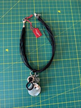 Multi-Strand Black Necklace with Blue-Gray and Silver Charms